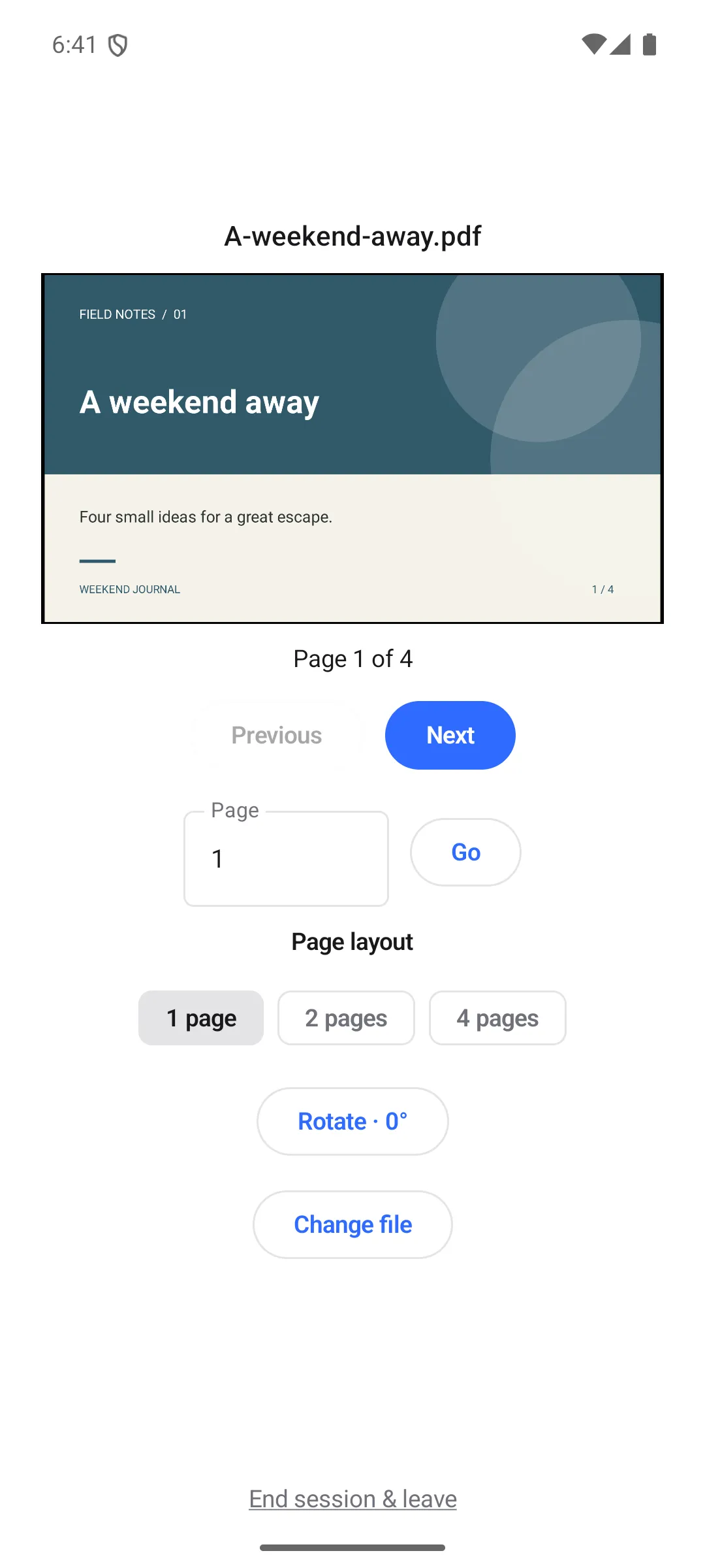Android PDF projector showing page 1 of 4, page navigation, layout choices, and rotation
