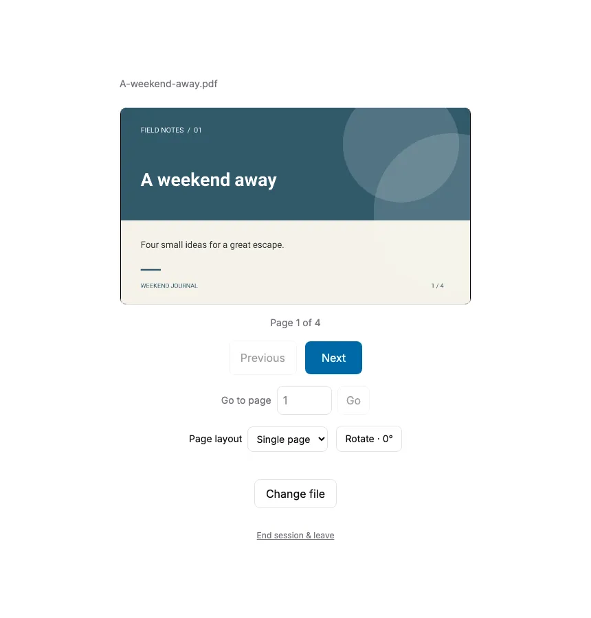 Chusko browser PDF preview with Previous, Next, Go to page, Page layout, and Rotate controls